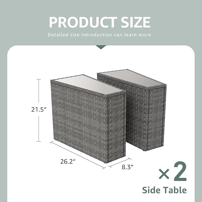 SUNSITT Rattan PE Resin Wicker Patio Side Table 2-Pack Sofa Wedge End Table with Tempered Glass Top, Grey