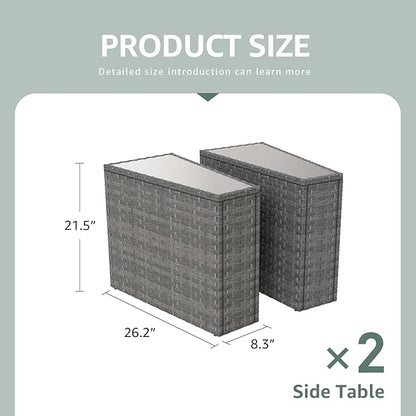 SUNSITT Rattan PE Resin Wicker Patio Side Table 2-Pack Sofa Wedge End Table with Tempered Glass Top, Grey