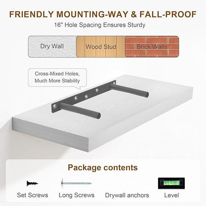 Fun Memories White Floating Shelves 36 Inch Long, 8 Inch Deep Floating Shelf for Wall, 36" W x 8" D Floating Shelves Set of 2, White Deep Wall Shelves for Bedroom, Living Room, Kitchen