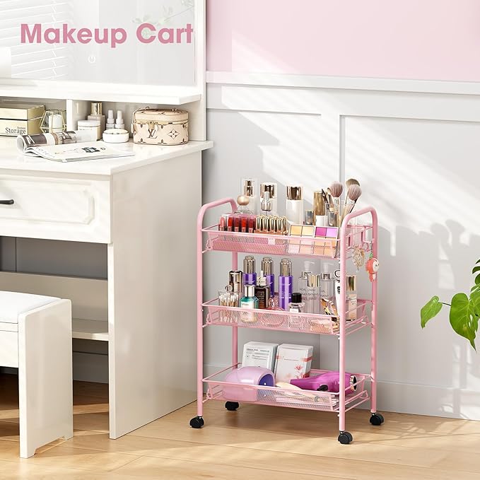TOOLF 3 Tier Rolling Cart Pink - Metal Storage Organizer with Wheels, 33 lbs Shelf Capacity, Easy 5-Min Assembly, for Girls Room Bathroom Kitchen Office Nursery, Compact Design for Small Spaces, Pink