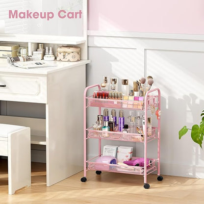 TOOLF 3 Tier Rolling Cart Pink - Metal Storage Organizer with Wheels, 33 lbs Shelf Capacity, Easy 5-Min Assembly, for Girls Room Bathroom Kitchen Office Nursery, Compact Design for Small Spaces, Pink
