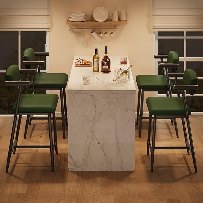 GarveeHome Counter Height Bar Stools Set of 6 with Armrests, 26" Upholstered 6pcs Tall Bar Stools Set, Long Backrest & Extra Thick Cushion, Modern High Barstools for Kitchen Island, Pub, Rustic Green