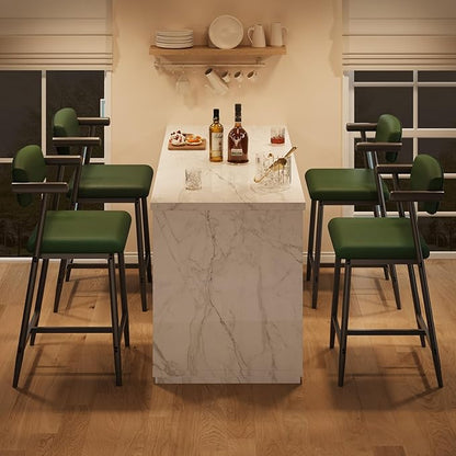 GarveeHome Counter Height Bar Stools Set of 6 with Armrests, 26" Upholstered 6pcs Tall Bar Stools Set, Long Backrest & Extra Thick Cushion, Modern High Barstools for Kitchen Island, Pub, Rustic Green