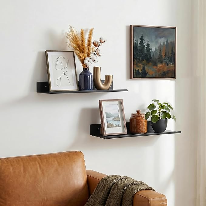 Z metnal Small Decor Shelves, Mini Floating Display Wall Shelf for Smart Speaker Collectables, Aluminum, Wall Mounted, Matt Black,12 x 5 inch,1ft Wide, 2 Pack