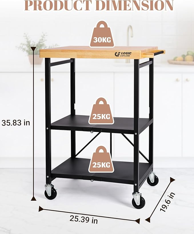 Foldable Kitchen Storage Cart with Solid Oak Top, Heavy-Duty Metal Frame, 3-Tier Rolling Utility Rack, Kitchen Island on Lockable Wheels for Microwave, Toaster Oven & Food Prep