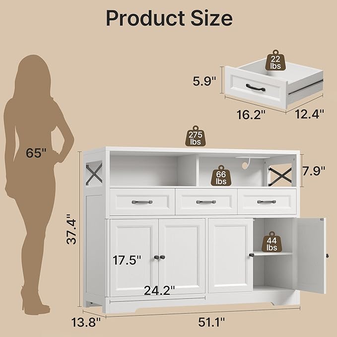 Ahomly 51" Buffet Cabinet with Adjustable Storage, Charging Port - 3 Drawers & 4 Doors Large Sideboard, Multi - Scene Coffee Bar/Microwave Stand for Kitchen,Living Room,Entryway（White）