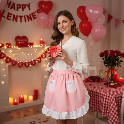 Geyoga Pink Waist Aprons for Women with Pockets Kitchen Waitress Maid Apron Vintage Skirt Cute White Ruffle Costume