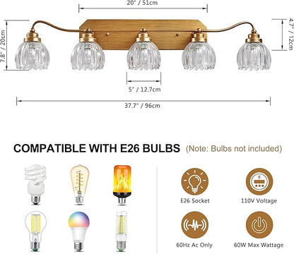 Vintage Bathroom Light Fixtures, 5 Light Gold Bathroom Vanity Light, Matte Antique Brass Finish with Crystal Glass Shade, Wall Sconces Lighting for Bedroom, Living Room, Hallway