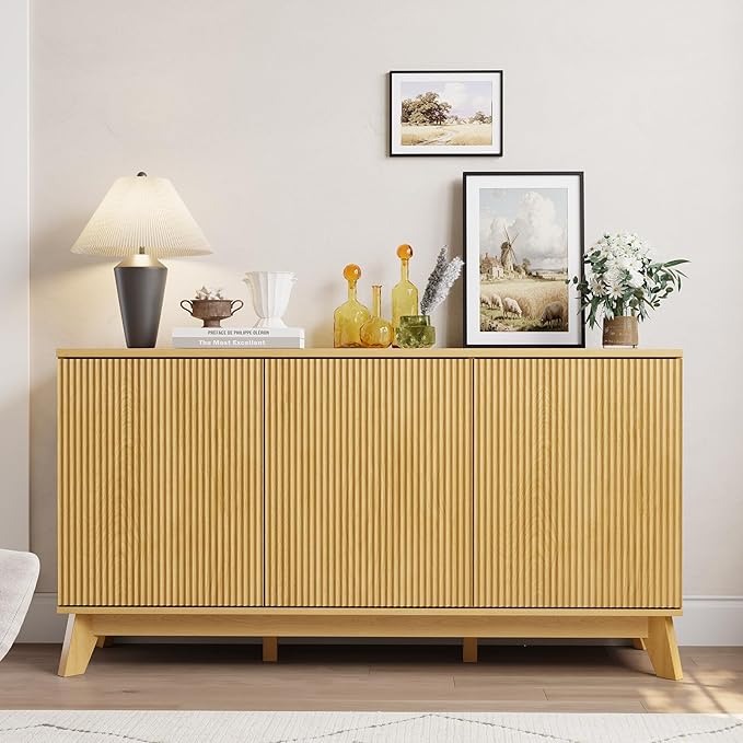 GarveeHome 58" Modern Farmhouse Sideboard Buffet Cabinet with Adjustable Shelves Storage & 4 Doors, Wood Buffet Console Table, Curved Design, Cupboard Coffee Bar Cabinet for Dining Room, Living Room
