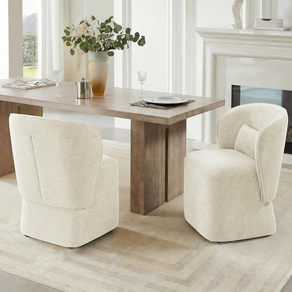 KISLOT Upholstered Dining Chairs with Wheels, Easy Assembly Stain Resistant Fabric Modern Barrel Armchair with Lumbar Cushion, Dining Room Chairs for Kitchen Living Room Bedroom, Beige, Set of 4