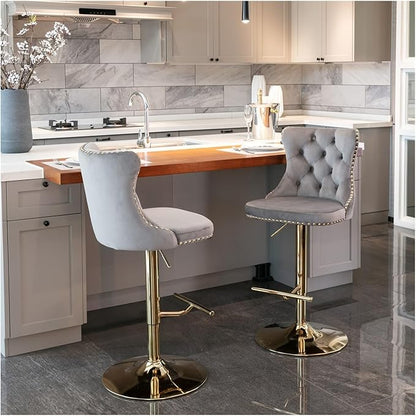 Golden Swivel Velvet Barstools Adjusatble Seat Height from 25-33 Inch,Modern Upholstered Bar Stools with Backs Comfortable Tufted for Home Pub and Kitchen Island,Gray,Set of 2,for Living Room