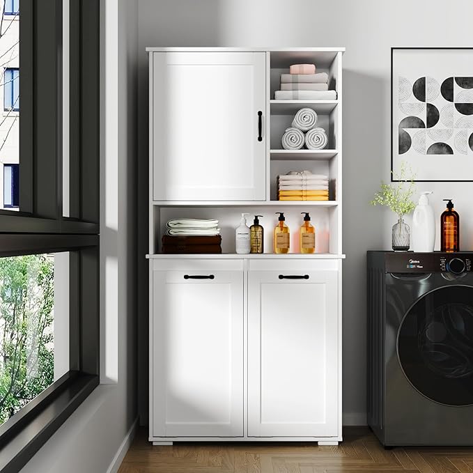 KEIKI 62.99'' H Laundry Cabinet with Doors and shelf, Tilt-Out Laundry Hamper, Multiple Storage Space, Freestanding Style, Open Shelve, Adjustable Shelf, White, (Style C)