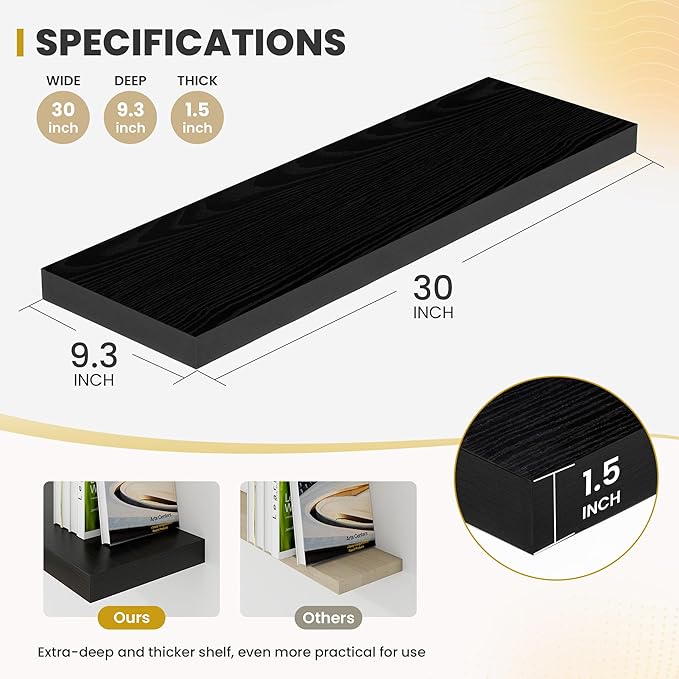 Acovy 30 Inch Floating Shelves, 9.3" Deep Floating Shelf Wall Mounted, 30" Wall Shelves, Rustic Deep Bookshelf, Large Display Shelves & Storage Shelves for Bedroom, Living Room, Black, Set of 2