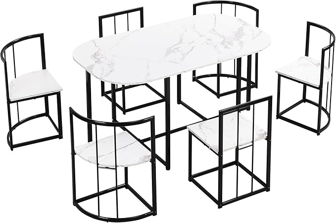 RuiSiSi 7 Piece Dining Table Set for 4, Metal Kitchen Table Set with Faux Marble Tabletop and 6 Dining Chairs for Kitchen, Dining Room, Small Space, Black+White