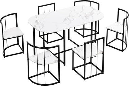 RuiSiSi 7 Piece Dining Table Set for 4, Metal Kitchen Table Set with Faux Marble Tabletop and 6 Dining Chairs for Kitchen, Dining Room, Small Space, Black+White