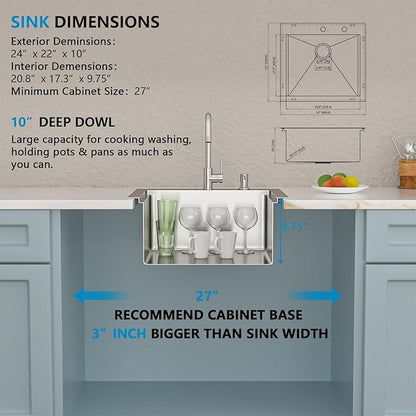 24"x22" Drop In Outdoor Kitchen Sink Workstation – 16 Gauge 304 Stainless Steel Top Mount Bar Prep Sink with Faucet Combo & Dust Lid for BBQ, RV, Camper, Garden, Utility Use