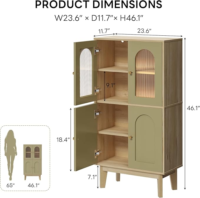 LIKIMIO Bathroom Storage Cabinet, Wooden Floor Cabinet with 4 Doors, 2 Adjustable Shelves & Solid Wood Legs, Freestanding Storage Unit for Bathroom, Kitchen, or Dining Room
