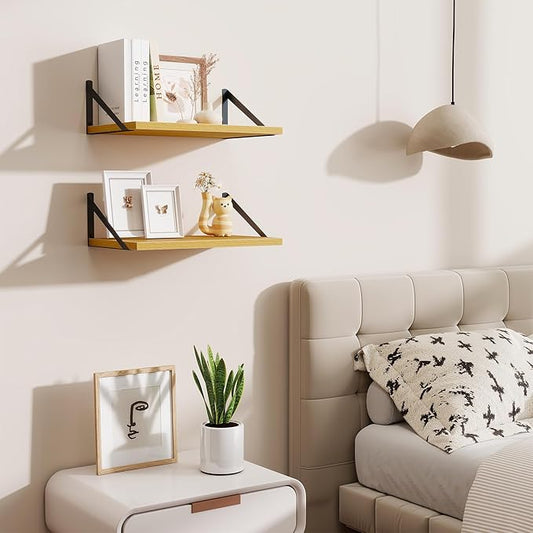 Acovy Floating Shelves for Wall,18" Wall Mounted Shelves Set of 2,Wood Floating Shelf with Bracket,Sturdy Metal Bracket Bookshelves Home Decor Storage for Living Room,Bedroom,Bathroom,Kitchen,Oak