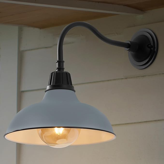 JONATHAN Y 12.25" Matte Silver Blue/Black Farmhouse Industrial Outdoor Sconce, LED Gooseneck Wall Light for Porch, Metal Bowl Shade, Dimmable Vintage Exterior Fixture, LED Bulb Included (JYL7613N)
