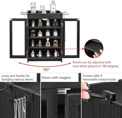 Ikee Design Small Wooden Countertop Storage Cabinet with Adjustable Shelves and Removable Hooks, Perfect for Perfume, Pantry, Essential Oil, 10.4W x 6.1D x 14.4H in, Black