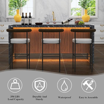 71" Large Imitation Marble Dining Table for 4-6 People, Island Table with LED Lights, Mordern Marble Stripes Kitchen Dining Table with Grille design for Dining Room, Home, Living Room (black)