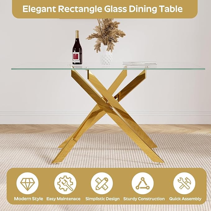 51" Glass Dining Table for 4-6, Contemporary Rectangular Dining Room Table with Tempered Glass Top & Gold Finish Metal Legs, Modern Elegant Dining Table for Home Kitchen