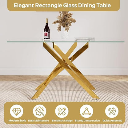 51" Glass Dining Table for 4-6, Contemporary Rectangular Dining Room Table with Tempered Glass Top & Gold Finish Metal Legs, Modern Elegant Dining Table for Home Kitchen