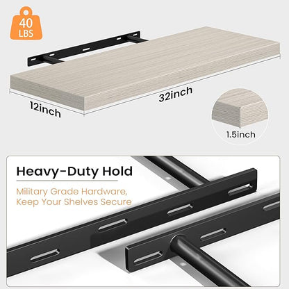 12 Inch Deep Floating Shelves, 32W x 12D Floating Shelf for Books, Rustic Wood Deep Wall Shelves for Home Storage & Display, 1.5" Thicked Shelves for Kitchen, Living Room, Bedroom, Gray, 2 Pack