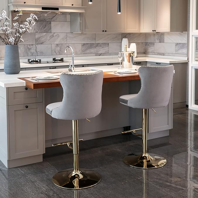 Rhomtree Velvet Swivel Bar Stools Upholstered Bar Stool with Button Tufted Back and Pull Ring Height Adjustable Barstools 25-33 Inch for Home Pub and Kitchen Island (Gray with Gold Base, Set of 4)