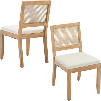 Modern Wooden Dining Chair Set of 2, Farmhouse Kitchen & Dining Room Chair with Solid Wood Legs, Rattan Upholstered Kitchen Chairs for Restaurant/Living Room (Beige, Set of 2)