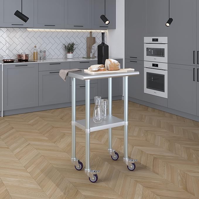 Stainless Steel Work Table with Wheels | NSF Kitchen Island Food Prep | Laundry Garage Utility Bench (Table + Wheels, 24" Long x 18" Deep)