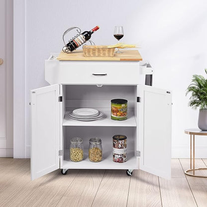 Harmony-Furniture Small Kitchen Island Cart, Narrow Butcher Block Kitchen Utility Cart w/Spice & Towel Rack, Rolling Kitchen Island with Storage Cabinets & Drawer for Dining Room (White)