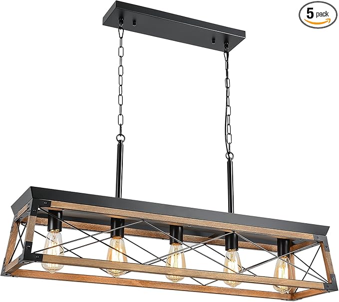 Airposta Farmhouse Rustic Wood Chandelier, 5 Lights Metal Rectangle Dining Room Swag Lighting, Kitchen Island Industrial Linear Cage Pendant Light Fixtures Hanging Lamp