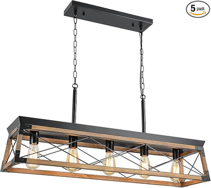 Airposta Farmhouse Rustic Wood Chandelier, 5 Lights Metal Rectangle Dining Room Swag Lighting, Kitchen Island Industrial Linear Cage Pendant Light Fixtures Hanging Lamp