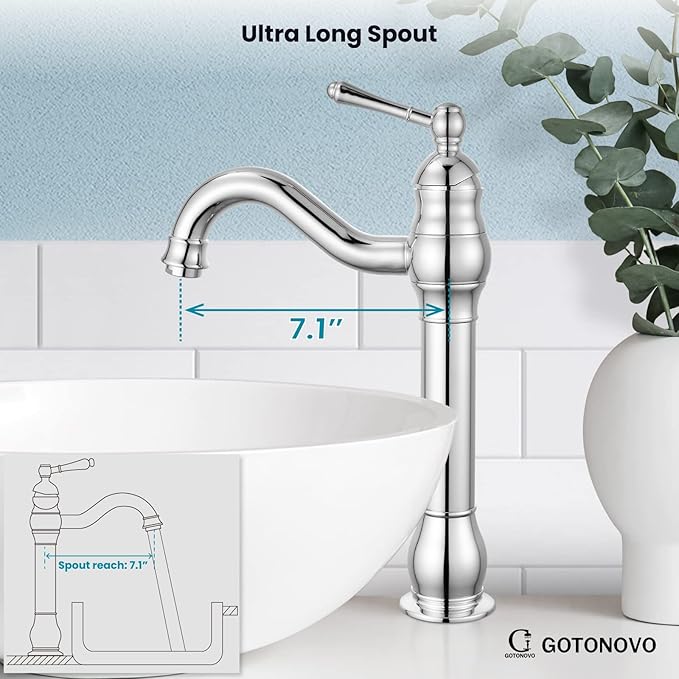 gotonovo Vessel Sink Faucet 360° Swivel Spout Single Handle Tall Bathroom Faucet 1 Hole Farmhouse Lavatory Washbasin Mixer Tap Matching Supply Hoses, Without Pop Up Drain, Polish Chrome
