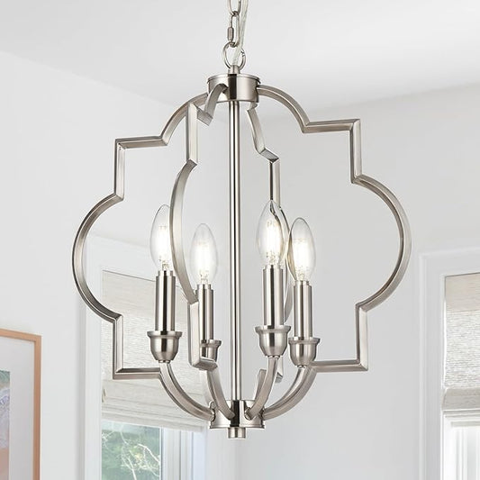 4-Light Brushed Nickel Chandelier, Modern Dining Room Light Fixtures Over Table, Geometric Hanging Pendant Light for Bathroom, Foyer, Hallway, Kitchen, Entryway