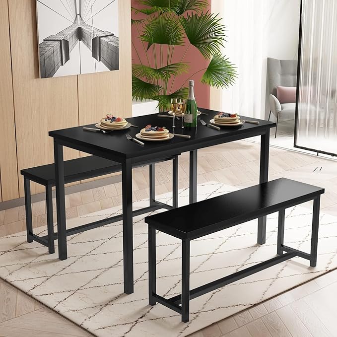 Recaceik 47” Dining Table Set for 4, 3-Piece Kitchen Table with 2 Benches, Wood Kitchen Table and Chair Set, Space-Saving Dining Room Set Dinette Set for Breakfast Nook and Small Space, Black