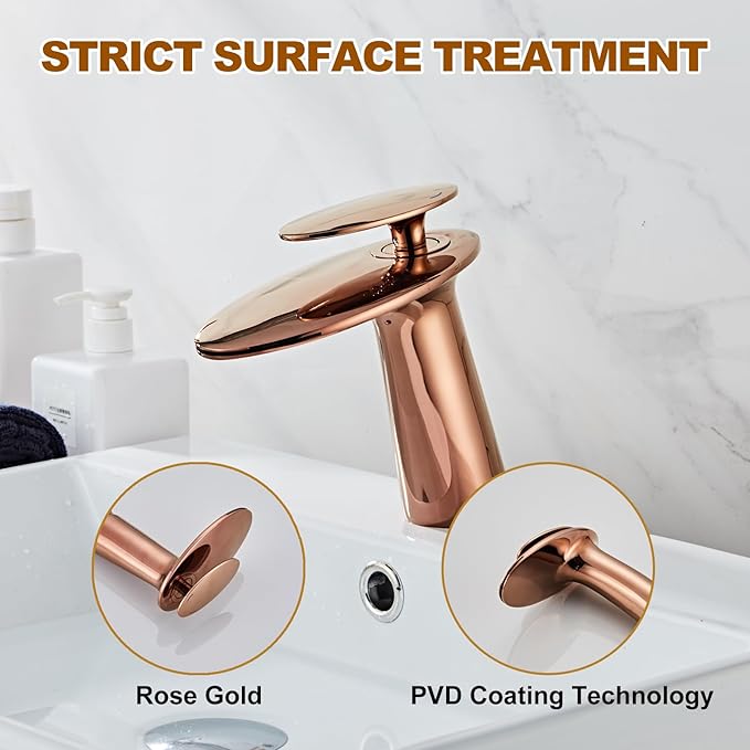 Wovier Rose Gold Waterfall Bathroom Sink Faucet,Single Handle Single Hole Brass Lavatory Vanity Faucet,Slanted Body Basin Mixer Tap with Supply Hose and Pop Up Drain Assembly