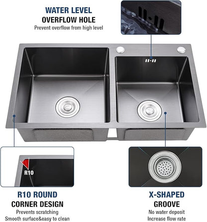 Black Double Bowl Kitchen Sink, Drop ln 30.7x16.9In Nano-Coated Stainless Steel Topmount Bar Kitchen Sink with Drain and Overflow