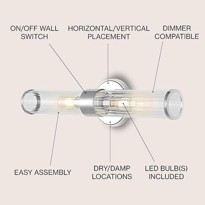 JONATHAN Y 23" Chrome Modern Mid-Century LED Vanity Light Sconce for Bathroom, Hallway, Bedroom Wall Mounted Fixture with Striped Clear Glass Shade, LED Bulb Included (JYL3538A)