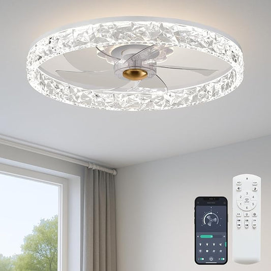 Fszdorj 20'' Ceiling Fan with Light, Upgraded Low Profile Fan, Flush Mount Ceiling Fan, 6 Speeds, Dimmable LED, App & Remote Control, Quiet DC Motor, for Bedroom, Living Room, F098 White