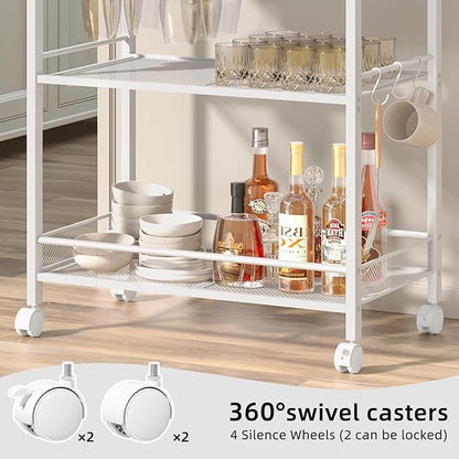 Joaxswe Bar Cart, Home Bar Serving Cart with 3-Tier Shelf,Microwave Cart with Lockable Wheels,Mobile Kitchen Shelf,Rolling Beverage Cart with Wine Rack and Glass Holder for Kitchen,Dinning Room,White
