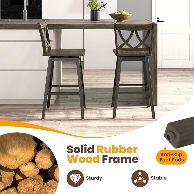 Giantex 29" Bar Stools Set of 2, Swivel Wooden Bar Chairs with Rubber Wood Frame, Footrest & Ergonomic Backrest, Bar Height Barstools for Kitchen Island, Restaurant & Pub, Dark Grey