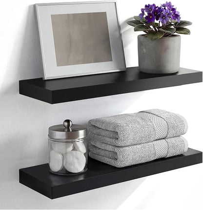 Homeforia Black Floating Shelf 18 inch, High End Solid Real Wood 18inch Bathroom Floating Shelves for Wall Mounted, Black Wooden 18in Floating Shelves, Heavy Duty Bracket, 18 X 6.5 X 1.75 in, Set of 2