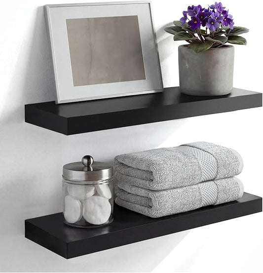 Homeforia Black Floating Shelf 18 inch, High End Solid Real Wood 18inch Bathroom Floating Shelves for Wall Mounted, Black Wooden 18in Floating Shelves, Heavy Duty Bracket, 18 X 6.5 X 1.75 in, Set of 4