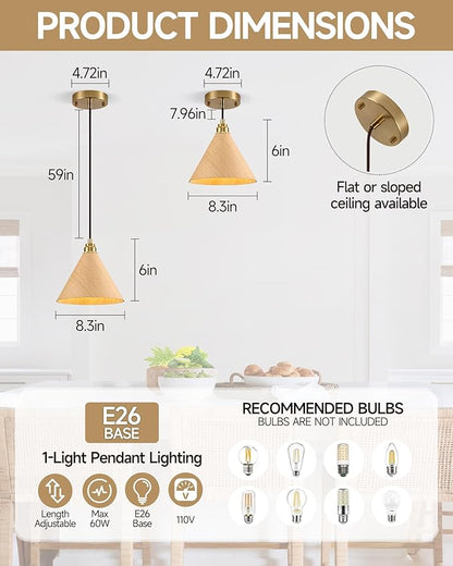1 Pack Wood Pendant Lights Kitchen Island, 8.3” Small Pendant Light, Adjustable Gold Height Kitchen Hanging Light, Nordic Island Lights for Dining Room, Bedroom, Hallway, Bar(Natural Wood)