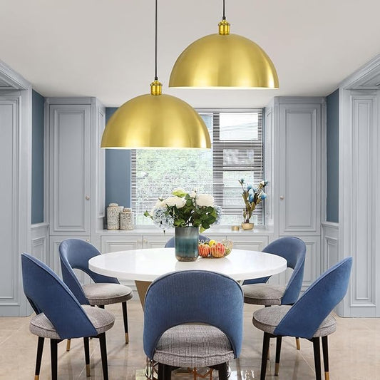 Gold Pendant Light, 16" Farmhouse Ceiling Light with Gold and White, Elegant Semi-Circular Shade Design, Adjustable Height Industrial Dome Pendant Lights for Kitchen Island, Dining Room