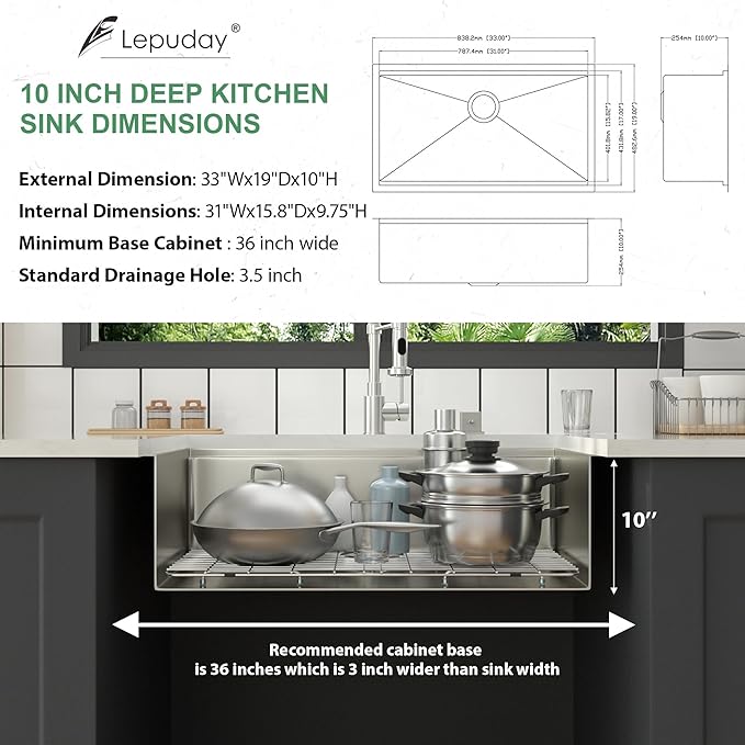33 In Undermount Kitchen Sink Workstation 33X19X10 Inch Stainless Steel Kitchen Sinks 16 Gauge Single Bowl 10 Deep Basin Undermount Handmade Sink