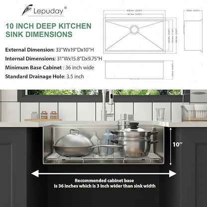 33 In Undermount Kitchen Sink Workstation 33X19X10 Inch Stainless Steel Kitchen Sinks 16 Gauge Single Bowl 10 Deep Basin Undermount Handmade Sink