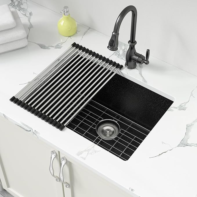 Sarlai Black 24 Inch Undermount Laundry Sink Granite Composite - 12 Inch Deep Utility Laundry Sink 24x18 Matte Black Granite Kitchen Sinks Undermount Quartz Classic Under Counter Single Bowl Basin